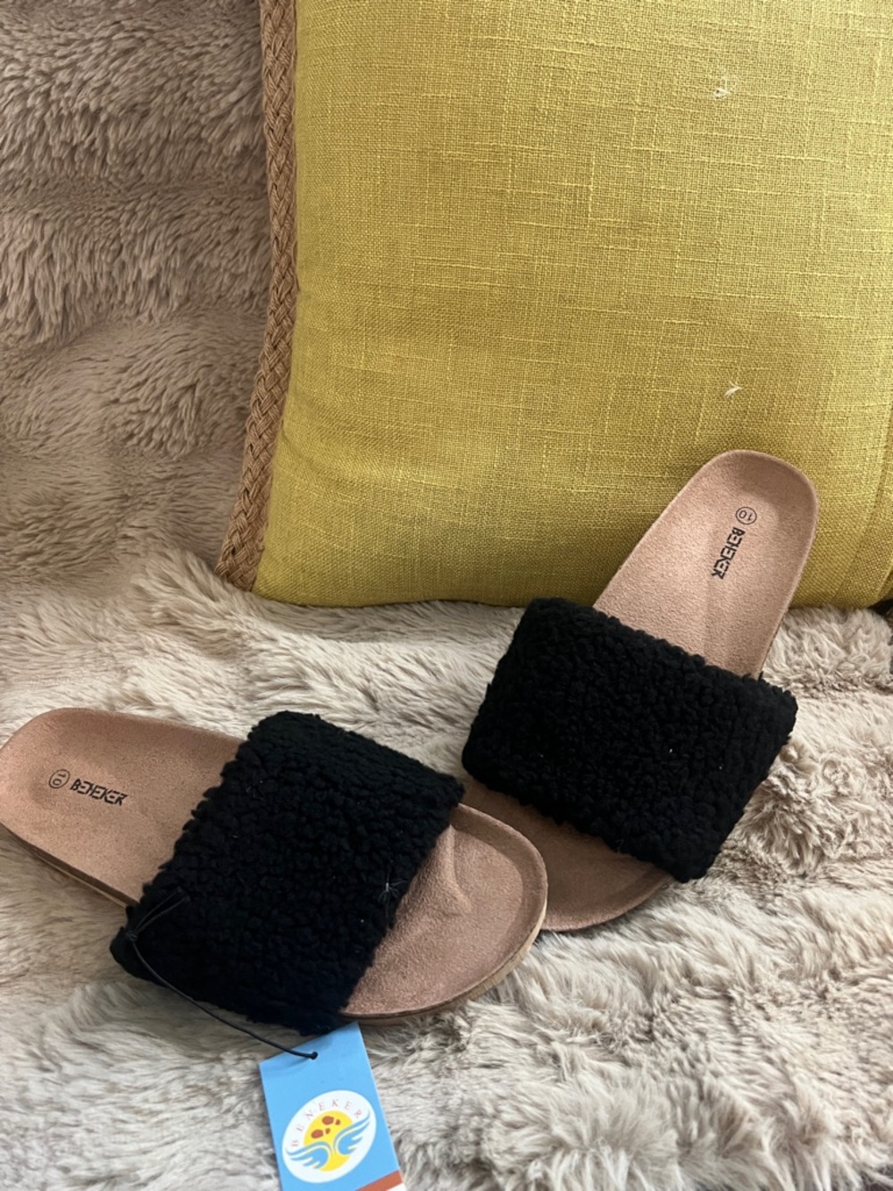 Beneker Black Sherpa Slide Mules